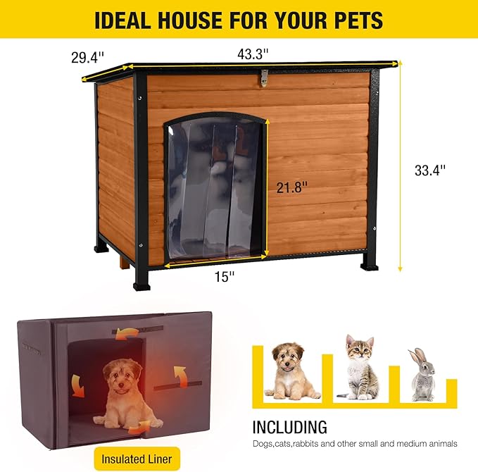 Aivituvin Dog House Outdoor &amp; Indoor Dog Kennel with Insulated Liner for Winter Waterproof Large Dog Cage for Small &amp; Medium &amp; Large Dogs,Unique All-Around Iron Frame