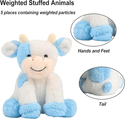 Blue and White Cow Weighted Stuffed Animal 20cm/7.87in Cute Sitting Cow Plush Toy with Smile Soft Fluffy Small Farm Plushie for Kids Adults Birthday Festival Gift Bed Home Office Decor Toys