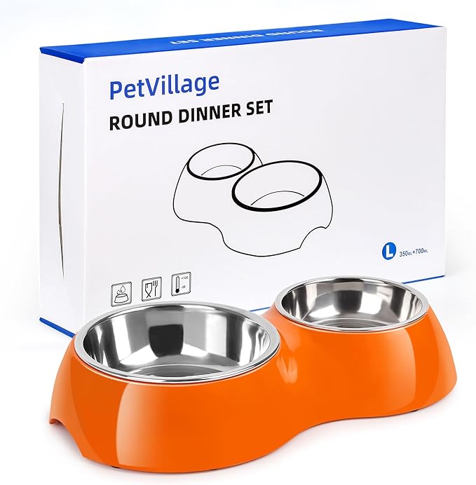 Elevated Dog Bowls Set - Non-Slip Raised Pet Feeder with Medium (10 oz) &amp; Large (20 oz) Stainless Steel Bowls - Includes Durable Resin Stand for Puppies, Adult Dogs &amp; Cats - Orange