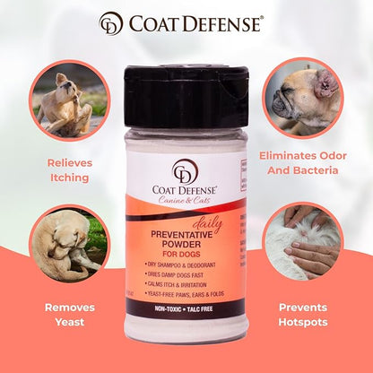 COAT DEFENSE Preventative Powder | Made in USA | 3.5oz Waterless Dog Shampoo &amp; Pet Deodorizer for Smelly Dogs | Provides Anti Itch Relief | Dog Shampoo for Dry Itchy Skin &amp; Smelly Dogs