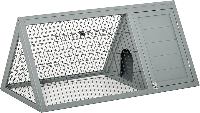 PawHut 46" x 24" Wooden A-Frame Outdoor Rabbit Hutch, Small Animal Cage, Bunny Hutch with Outside Run &amp; Ventilating Wire, Gray