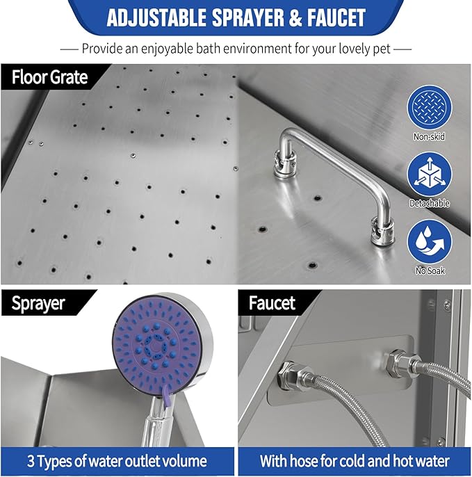Professional Stainless Steel Dog Bathing Station, Dog Grooming Tub, with Stairs, Floor Grate &amp; Faucet for Dog Bathtub for Large, Medium &amp; Small Pets,34" R-RAMP
