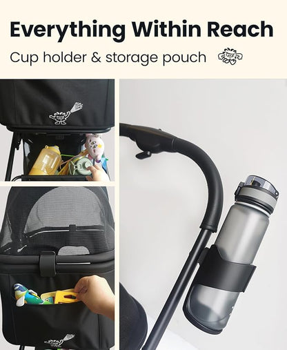 4 Wheels Pet Stroller, Dog Stroller for Small/Medium Dogs and Cats up to 33 lbs, One-Click Fold &amp; Draggable, Removable Carrier, Zipperless Entry, Mesh Windows, Black