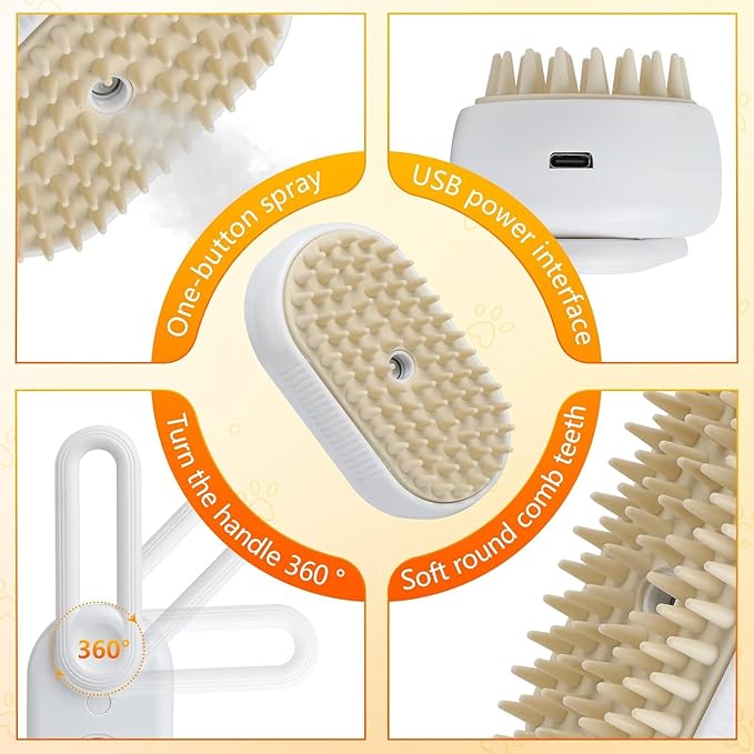 4 in 1 Cat Steam Brush Rechargeable pet spray comb Steam Brush for Cats and Dogs, Massage, Cleaning, Shedding &amp; Combing Multifunctional Hair Removal Anti Static Grooming Tool for home (White)