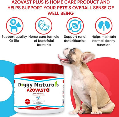 Azovast Plus Kidney Health Supplement for Dogs &amp; Cats, Oral Powder (6 Oz) - (120 Doses/Jar) NO Refrigeration Required - Help Support Kidney Function &amp; Manage Renal Toxins (Made in U.S.A) (6 Oz)