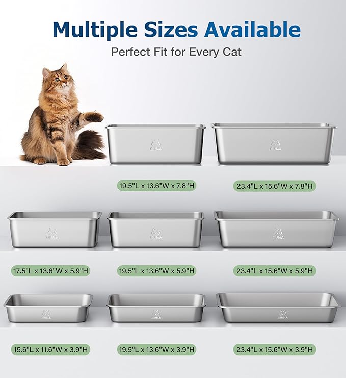2 Pack Stainless Steel Cat Litter Box, 23.4" L×15.6" W×7.8" H, Metal Kitty Litter Box with High Sided for Big Cats, Non-Stick, Easy to Clean, Odor-Free
