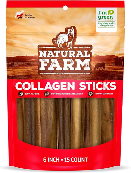 Natural Farm Collagen Sticks (6 Inch, 15 Pack). Odor-Free, 95% Natural Collagen Dog Chews, Supports Healthy Joints, Skin &amp; Coat - Best Rawhide Alternative for Small &amp; Medium Dogs