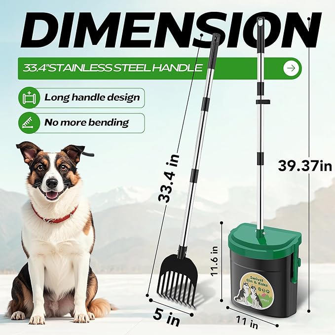 UPSKY Dog Pooper Scooper Swivel Bin &amp; Rake Kit with 100 Waste Bags,33.4" Stainless Steel Long Handle Heavy Duty Pet Poop Shovel for Large Medium Small Dogs, Odor-Proof Lid for Yard/Lawn/Outdoor Use