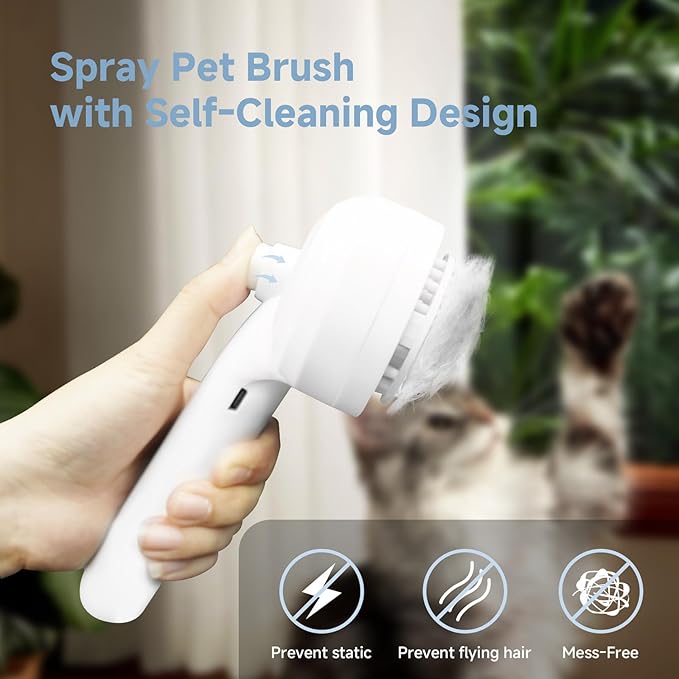 REIKIYA Cat Steam Brush,4-in-1 Spray Hair Removal Dog Brush for Shedding &amp; Grooming with UV Light, Anti-Static Pet Spray Comb with One-Click Release Button