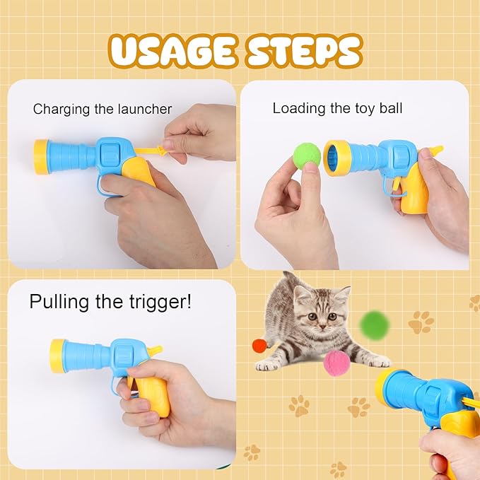 100Pcs Cat Toys Pom Pom Balls with 2 Launchers Set, Interactive Cat Toy Stuff for Indoor Both Adult &amp; Kitten Toys