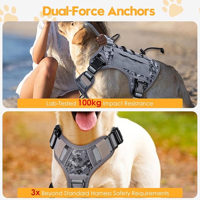 Heavy-Duty Tactical Dog Harness for Large Dogs, No Pull Adjustable Reflective Pet Vest with Molle System, K9 Military-Grade Control for Service Training, Outdoor &amp; 10+ Breeds, Gray Camo, Large