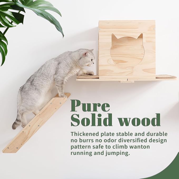 KVIDA Cat Wall Shelves Set – 5PCS Extra-Large Wall Mounted Cat Furniture with 2 Platforms, Sisal Scratching Post &amp; Cat House – Solid Wood Climbing Wall for Large Indoor Cats