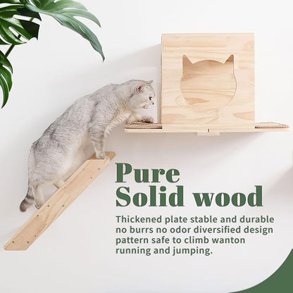 KVIDA Cat Wall Shelves Set – 5PCS Extra-Large Wall Mounted Cat Furniture with 2 Platforms, Sisal Scratching Post &amp; Cat House – Solid Wood Climbing Wall for Large Indoor Cats