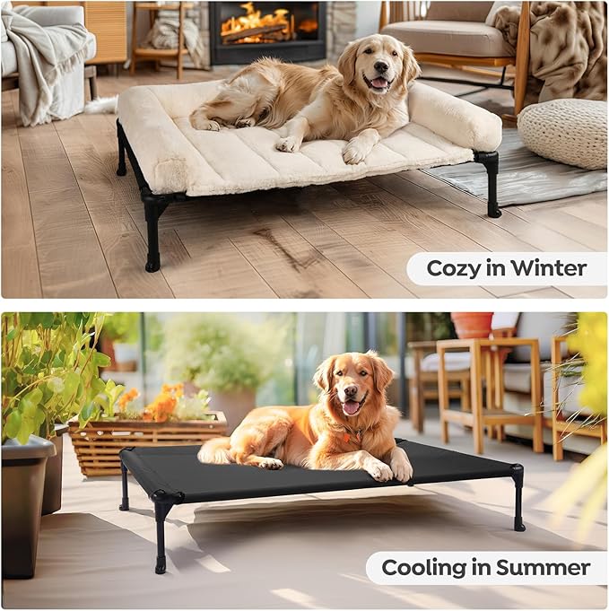 Veehoo Cooling Elevated Dog Bed + Removable Fluffy Pillow-Top Mat, Plush Dog Bed with Bolster, Breathable Mesh, No-Slip Feet, Portable Raised Dog Bed for Indoor &amp; Outdoor, 32"x25", Medium, CWC2331E