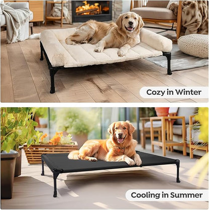 Veehoo Cooling Elevated Dog Bed + Removable Fluffy Pillow-Top Mat, Plush Dog Bed with Bolster, Breathable Mesh, No-Slip Feet, Portable Raised Dog Bed for Indoor &amp; Outdoor, 32"x25", Medium, CWC2331E