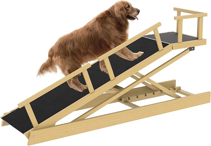 6 Level Height Adjustable Dog Ramp for Bed, Couch 65" Foldable Pet Ramp with Non-Slip Mat，DIY Glow Strips &amp; Rest Platform Heavy Duty Dog Stairs for Large Dogs up to 200Lbs ，Wood Color