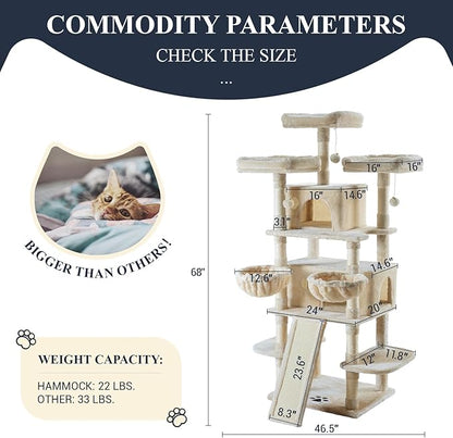 Allewie 68 Inches Cat Tree/House and Towers for Big Feline/Scratching Post/Multi-Level Large Kitty Climbing Tree with Condo/Beige