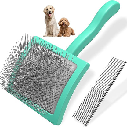 2PCS Slicker Brush for Dogs &amp; Pet Comb,Professional Dog Grooming Brush (Goldendoodles,Poodles,Labradoodles) with Extra Long Pins to Effectively Remove Tangles, Knots and Mats (Cyan)