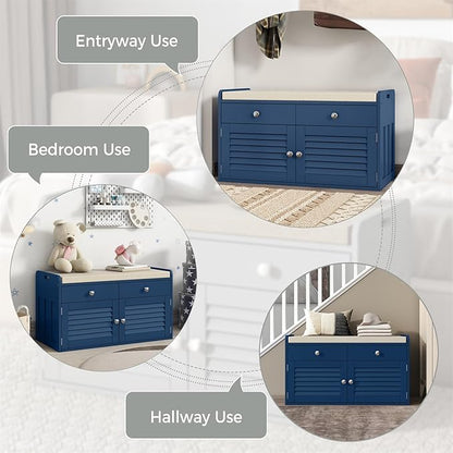 Shoe Storage Bench with 2 Drawers &amp; 2 Doors, Entryway Bench with Cushion, 2 Adjustable Shelves, Shoe Cabinet for Entryway, Living Room, Hallway, Mudroom, Bedroom, Blue