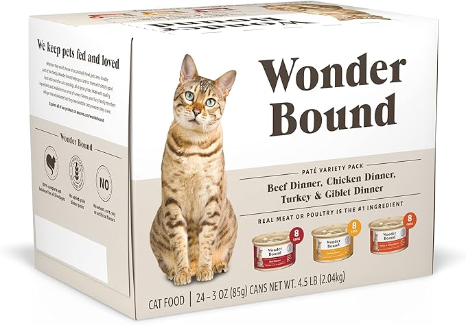 Amazon Brand - Wonder Bound Wet Cat Food, Pate, No Added Grain, Variety Pack (Beef/Chicken/Turkey &amp; Giblet), 3 ounce (Pack of 24)