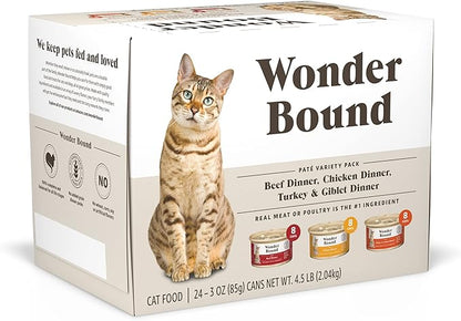Amazon Brand - Wonder Bound Wet Cat Food, Pate, No Added Grain, Variety Pack (Beef/Chicken/Turkey &amp; Giblet), 3 ounce (Pack of 24)