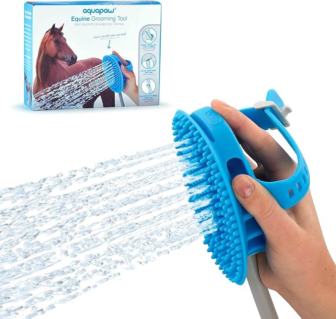 Aquapaw 5-in-1 Horse &amp; Dog Bath Brush &amp; Curry Comb - XL Blue Silicone - Includes 3-ft Shower Hose Attachment &amp; Adapter - Adjustable Spray Scrub Massager - Dog Grooming Supplies