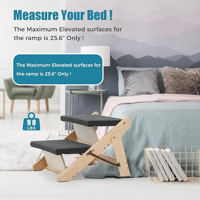 MEWANG Wood Pet Stairs &amp; Ramp for Small/Medium Dogs and Cats, Aging Pets – 3-in-1 Foldable, Portable, Non-Slip Pet Ladder for Tall Beds, Couches,Cars–Holds Up to 220 lbs (17.3" L x 17.2" W x 13.0" H)