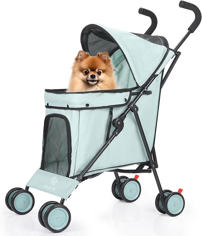 Umbrella Dog Stroller, 4 Wheels Pet Strolling, Foldable Carrier Pet Stroller for Small Dogs Cats, with Carrying Strap and Cup Holder, Dog Poop Bags &amp; Dispenser, Up to 33 lbs, Cyan