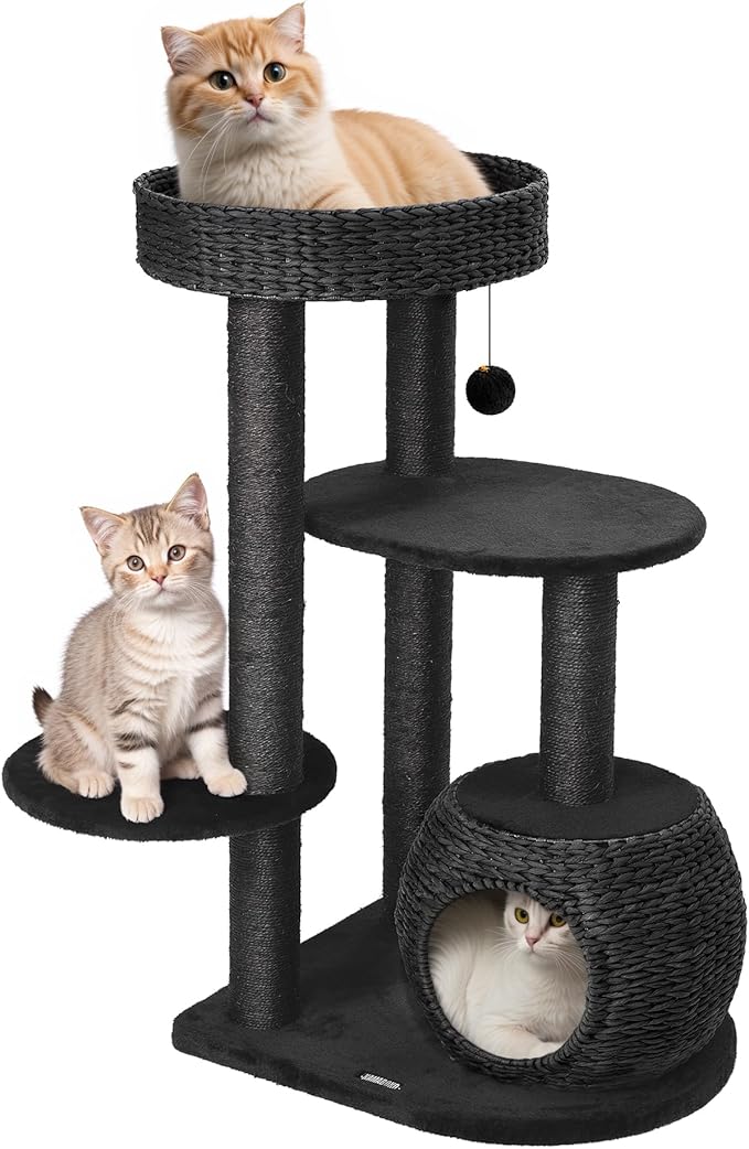 KAMABOKO Modern Cat Tree, 39" Tall Cat Tree Black for Kittens Climb Play &amp; Rest, Cat Trees for Indoor Cats w/Natural Sisal Scratching Posts, Hand-Woven Condo &amp; Top Perch