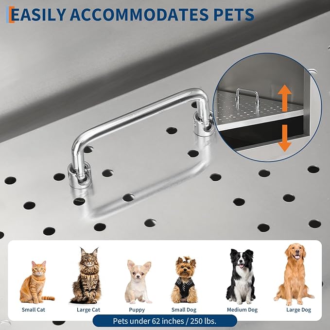 Stainless Steel Dog Washing Station - Dog Bath Tub for Large, Medium, Small Dogs, Pet Grooming Tub with Ramp, Non-Slip Grate, Shower, Soap Box, Faucet, Drain for Home &amp; Outdoor （Left RAMP, 62"）