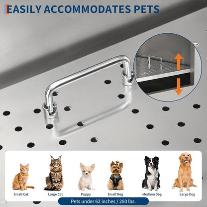 Stainless Steel Dog Washing Station - Dog Bath Tub for Large, Medium, Small Dogs, Pet Grooming Tub with Ramp, Non-Slip Grate, Shower, Soap Box, Faucet, Drain for Home &amp; Outdoor （Left RAMP, 62"）