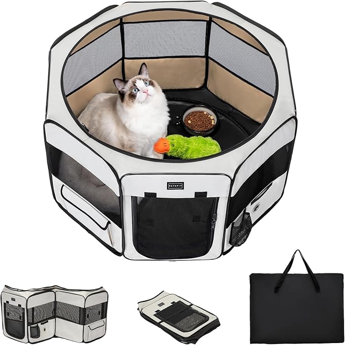 PETSFIT 29" Puppy Playpen with Removable Waterproof Mat &amp; Zippered Roof | RV, Camping, Travel Dog Pen | Indoor/Outdoor Whelping &amp; Cat Observation Space(29.5"x29.5"x16.5"H)