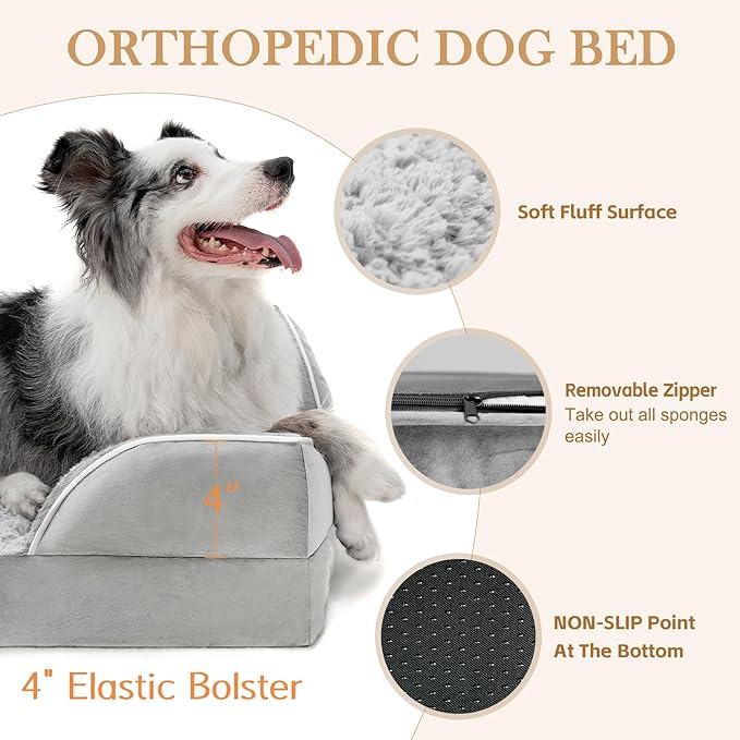 Comfort Expression Medium Dog Beds Waterproof Orthopedic Foam Dog Sofa Beds for Medium Large Dogs Comfy Pet Bed with Washable Removable Cover &amp; Non-Slip Bottom(Medium,Grey White)