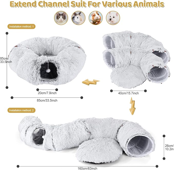 Odoland Cat Tunnel Bed with 20 Cat Toys - Indoor Plush Kitten Couch, Detachable Cats Cave Donut Tunnel &amp; Soft Kitten Toy Set - Cozy Cat Furniture, White