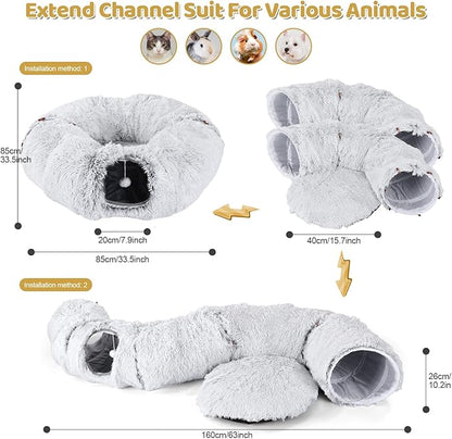 Odoland Cat Tunnel Bed with 20 Cat Toys - Indoor Plush Kitten Couch, Detachable Cats Cave Donut Tunnel &amp; Soft Kitten Toy Set - Cozy Cat Furniture, White