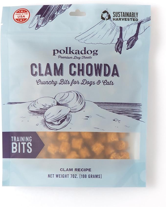 Polkadog Clam Chowda Crunchy Training Bits – All Natural, Limited Ingredient Healthy Training Treats for Dogs. Handcrafted &amp; Made in USA. Made with Atlantic Quahogs, High in Omega-3 – 7oz