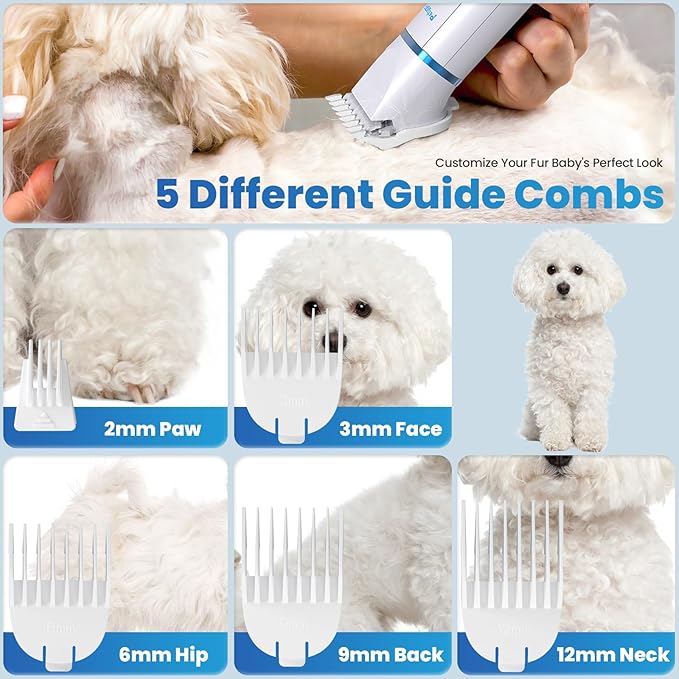 3-in-1 Dog &amp; Cat Grooming Kit - Rechargeable Cordless Pet Hair Clippers with Nail Grinder &amp; Paw Trimmer &amp; 5 Guide Combs, Low Noise Dog Clippers for Grooming Small Medium Pets