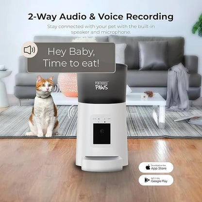 Smart HD Cat Feeder, 2 Way Audio + Voice Recording, Automatic Feeder for Dog with 1080p Night Vision Camera, WiFi App Controlled, Battery Backup, Anti Jam 6L Upto 15 Daily Meals, White