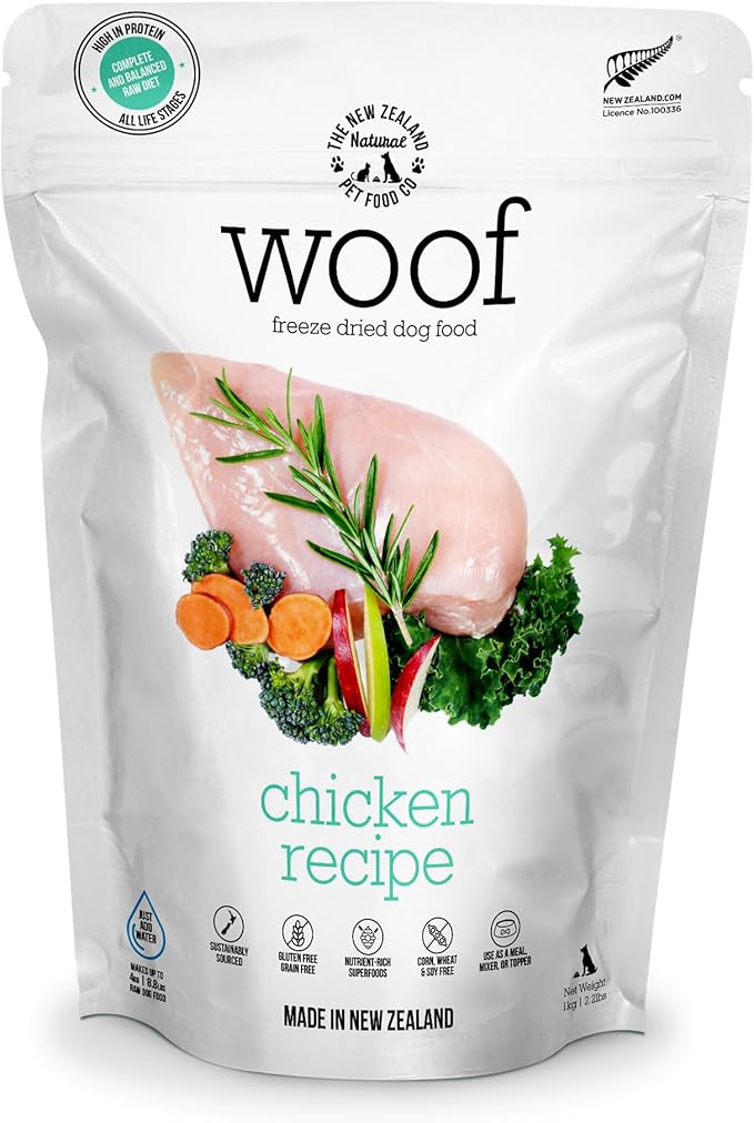 WOOF Freeze Dried Dog Food - Chicken Recipe, High Protein Dog Treats &amp; Snacks, Dog Food Toppers &amp; Meals, 2.2 lb