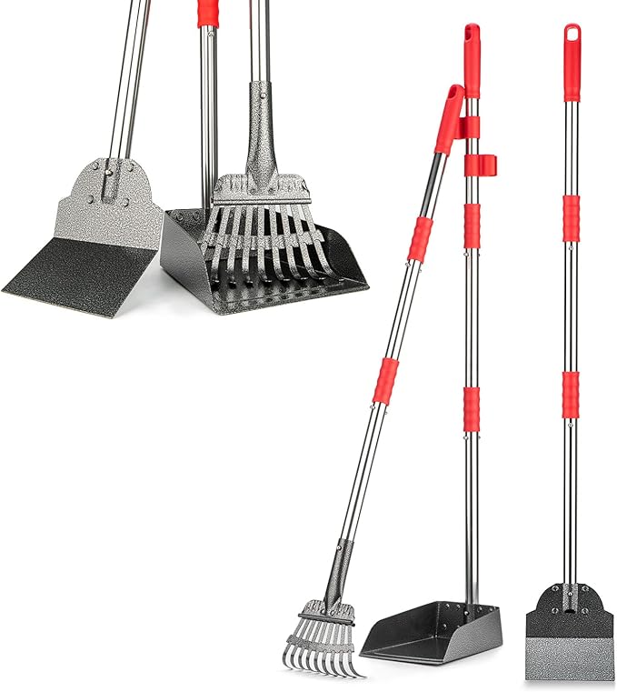 Pooper Scooper, Long Handle Dog Pooper Scooper, Heavy Duty Stainless Steel Rake with Tray &amp; Spade Set for Pet Waste Removal, for Grass, Dirt or Gravel