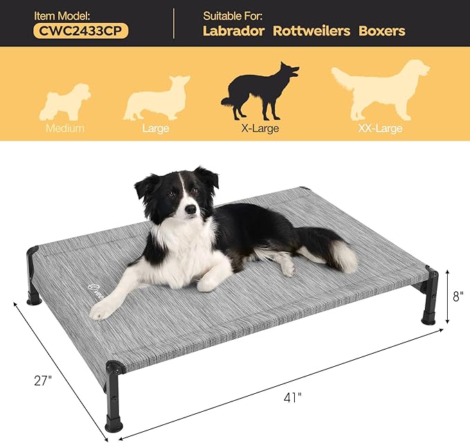Veehoo Cooling Outdoor Dog Bed, Heavy Duty Elevated Pet Bed with Washable &amp; Breathable Teslin Mesh, Non-Slip Silicon Feet, Dog Cot Bed with Support Hem, 41" x 27", Black Silver, CWC2433