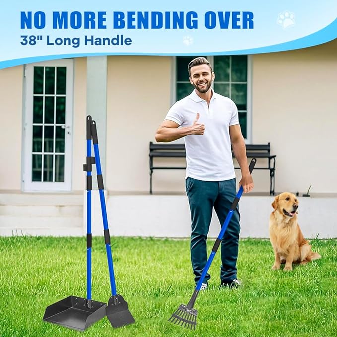Larger Pooper Scooper Dog Pooper Scooper for Large Medium Small Dogs Heavy Duty Stainless Steel No Bending with Rake &amp; Shovel &amp; Extra Large Tray for Yard
