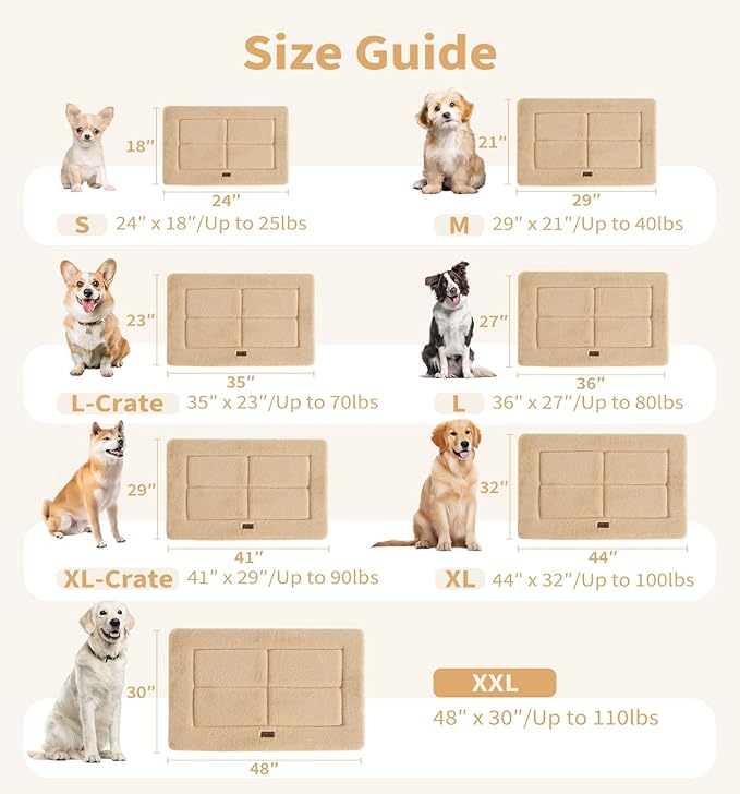 Made4Pets Dog Crate Pad Bed for Large Dogs, Washable &amp; Reversible, Anti-Slip Kennel Mat for Cozy Sleeping, Soft Fluffy Dog Bed for Indoor &amp; Outdoor Use, 36"x27", Khaki