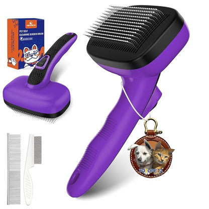3 PCS Dog Grooming Brush Kit – Self Cleaning Slicker Brush for Shedding Short &amp; Long Haired Dogs &amp; Cats. Removes Loose Fur, Undercoat, Mats, Tangles for Small, Medium &amp; Large Pets. Purple