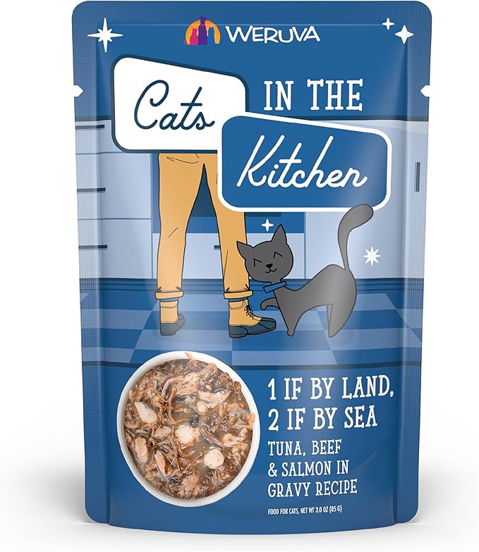 Weruva Cats in The Kitchen, 1 if by Land, 2 if by Sea with Tuna, Beef &amp; Salmon in Gravy Cat Food, 3oz Pouch (Pack of 12)