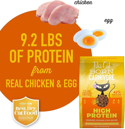 Tiki Cat Born Carnivore High Protein, Deboned Chicken &amp; Egg, Grain-Free Baked Kibble to Maximize Nutrients, Dry Cat Food, 11.1 lbs. Bag