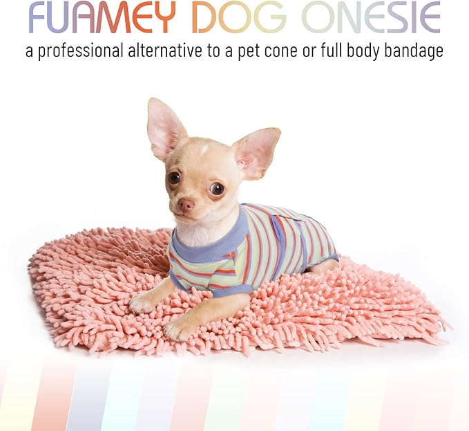 FUAMEY Recovery Suit for Dogs After Surgery,Soft Breathable Dog Bodysuit E-Collar &amp; Cone Alternative Surgical Suit,Male Female Dog Neuter Spay Suits Anti Licking Wounds Onesie Purple Stripes XS