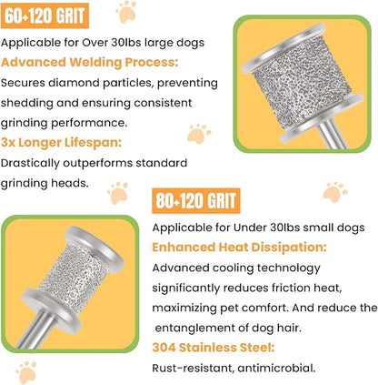 CAELUM 2Pack Diamond-Coated Pet Nail Grinder Bits, Dual Grit for Large &amp; Small Dogs, 1/8” Shank for Dremel Nail Tools, Low Noise, Durable Nail Trimmer for Dogs, Top &amp; Side Grinding