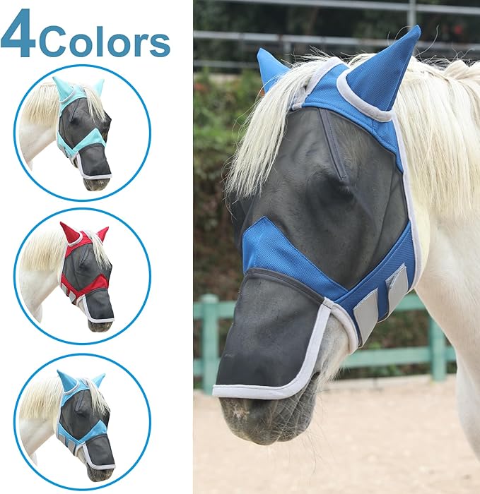Horse Fly Mask with Ears &amp; Long Nose Cover | Forelock Opening for Tangle-Free Mane Care | UV Protection &amp; Breathable Mesh | No Rub Fit and Enhanced Visbility for Trail Riding RoyalBlue Full