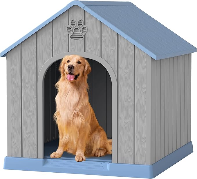 Large Outdoor Plastic Dog House - Indoor Outdoor Use for Medium &amp; Large Dogs, Durable Waterproof Doghouse with Air Vents, Elevated Floor, Easy to Clean &amp; Assemble(Blue2, 36.2&
